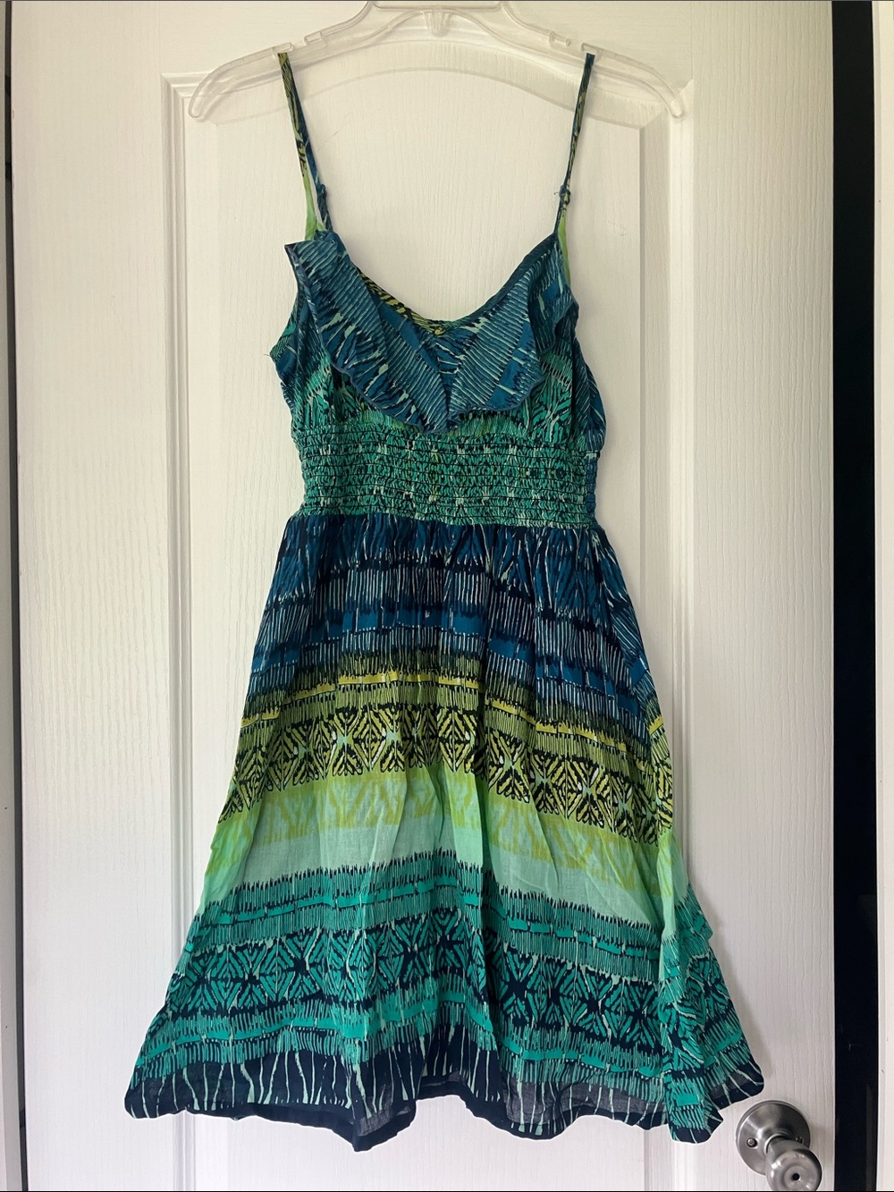 Energie Teal & Green Patterned Smocked Mini Dress